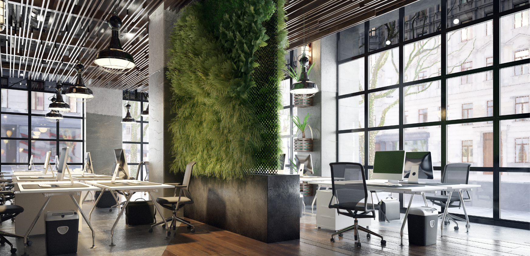 Collaboration and meeting area with soft seating and meeting tables